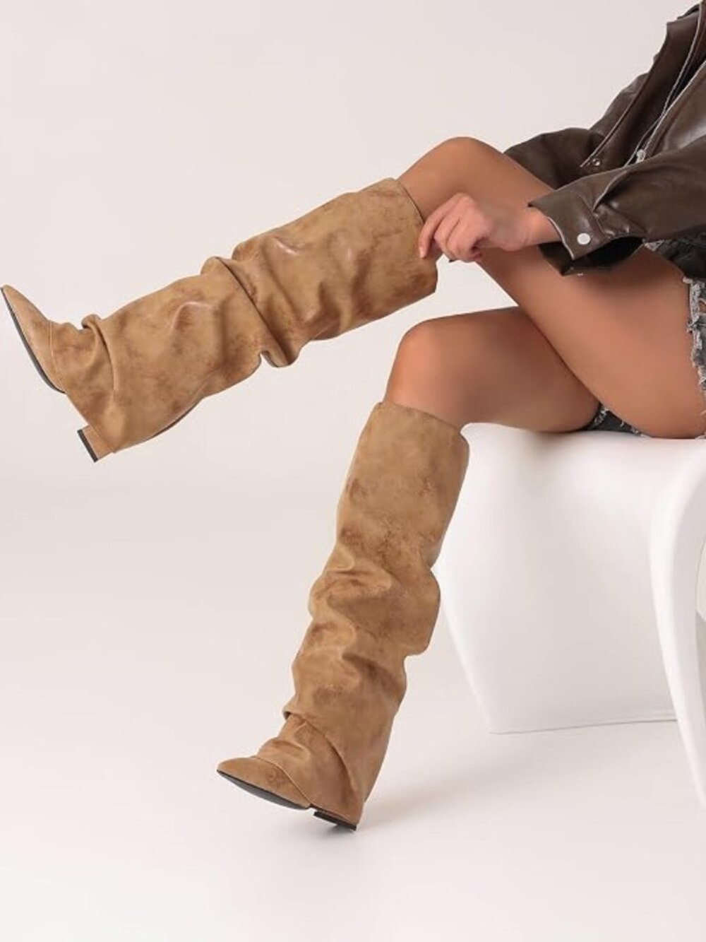 Fold Over Slouch Boots Block Heels - Picture 6 of 10